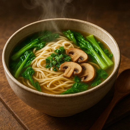 chinese noodle soup with mushrooms and kale in a ceramic bowl