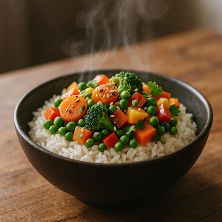 Bowl of steamed rice with vegetables on a wooden table.