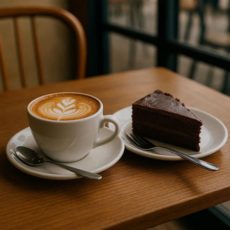 A cup of cappuccino with chocolate cake on a wooden table.