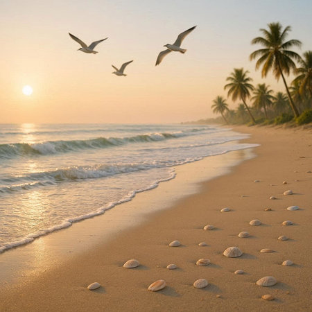 Seagulls on the beach at sunrise. Sri Lanka.