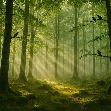 Mysterious green forest with sunbeams and flying birds.