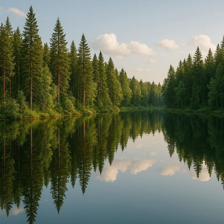 Beautiful summer landscape with forest lake and sky reflected in water.
