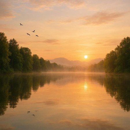 Beautiful sunrise on the lake in the morning. Nature composition.