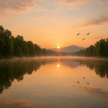 Sunrise on the lake in the morning with fog and flying birds