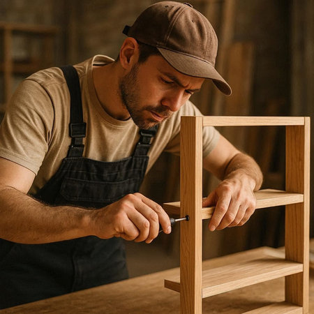 Handsome young carpenter in overalls and cap working with wooden shelf in workshop