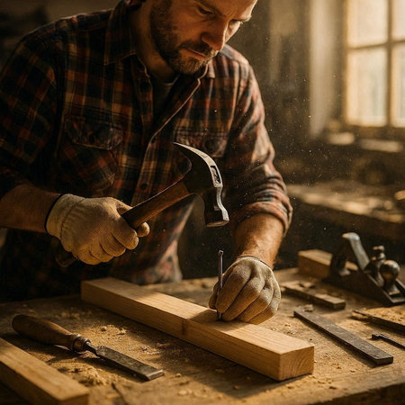 Carpenter working with a hammer and chisel in his workshop