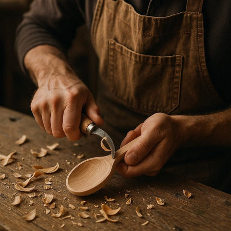 Carpenter working in his workshop. Close-up of a caucasian male hands holding a wooden spoon and...