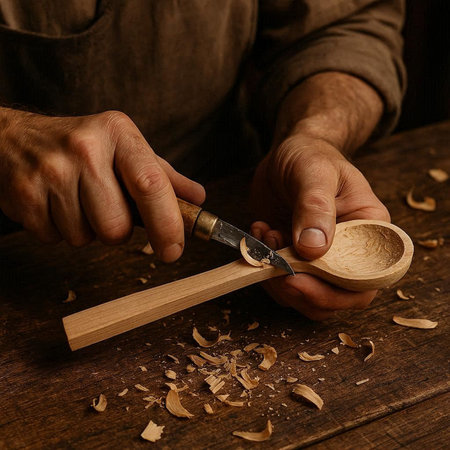Carpenter working with a wooden spoon and wood shavings