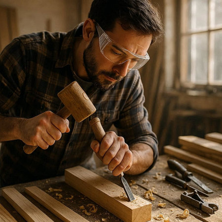 carpenter working with a mallet in his carpentry workshop