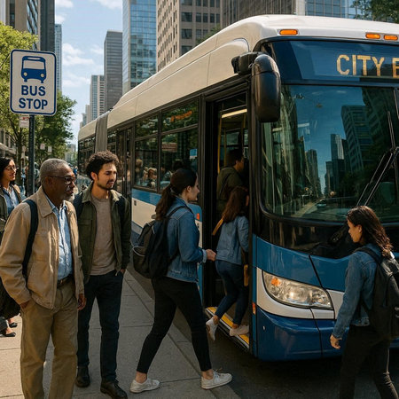 New York City commuters waiting for bus in Manhattan