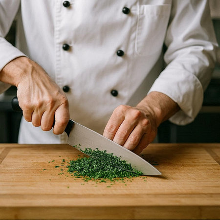 Chef's hands cutting dill on a wooden cutting board.