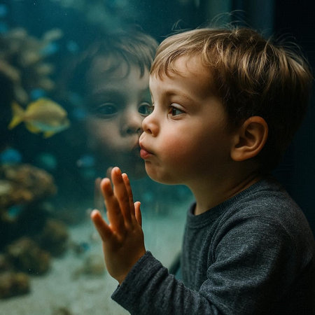 Little boy in the aquarium looks at the fish and snails.