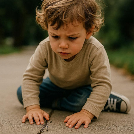 Little boy sitting on the ground and playing with small stones outdoors.