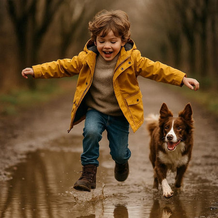 Little boy running with his dog in a puddle on a rainy day