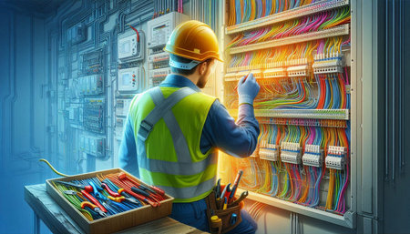 Electrician with toolbox and circuit board in background. 3d rendering