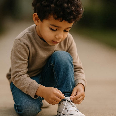 Cute little boy tying shoelaces on his sneakers outdoors.