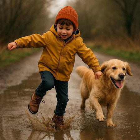Little boy playing with golden retriever dog in a muddy puddle