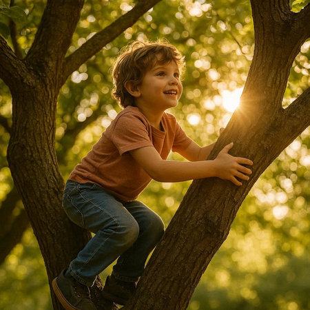 Cute little boy climbing a tree in the park at sunset.