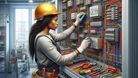 Female electrician with tools in a fuse box. 3d rendering