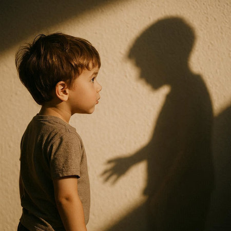Little boy looking at his father with shadow on the wall in the dark