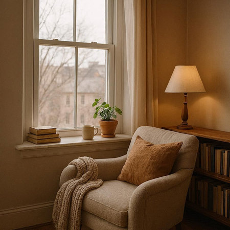Cozy living room with armchair, bookshelf and window