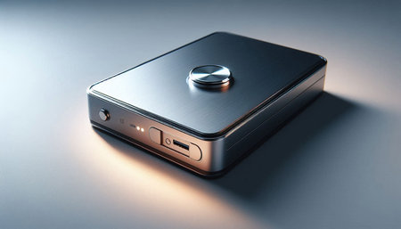 Silver power bank on a gray background. Close-up. 3d rendering
