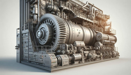 3d rendering of an industrial engine in a gray studio background.