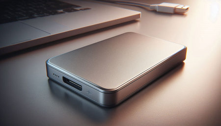 External hard drive with laptop on the table, close-up.