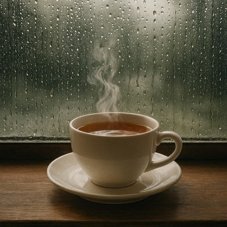 Cup of hot tea with steam on wooden table and rainy window background