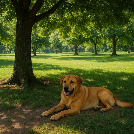 Labrador Retriever sitting under a tree in the park.