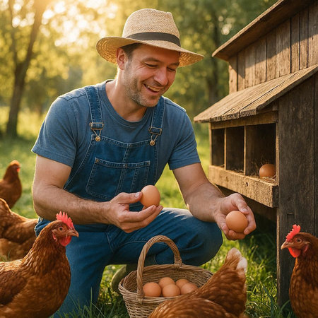 Farmer with chicken eggs in his hands on the background of the henhouse