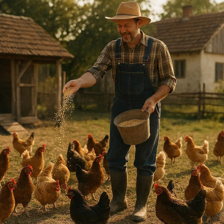 Farmer is feeding chickens on the farm. He is holding a bowl with grain.