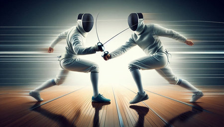 Two young men wearing fencing suits fighting with swords in abstract light background