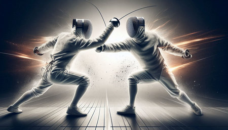Two young men wearing fencing costume fighting with swords in light rays concept