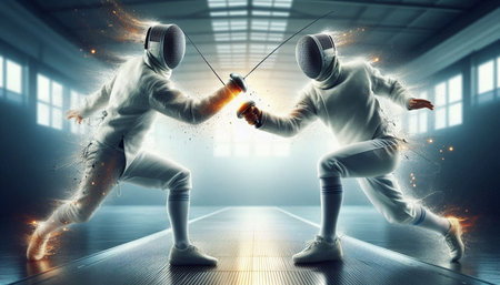 Two female fencers fighting with swords in modern interior. Mixed media