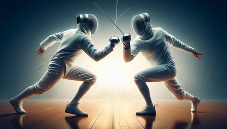 Two young men wearing fencing costume fighting with swords in grunge room