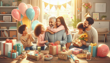 Happy family with gift boxes and balloons at home. Birthday celebration concept