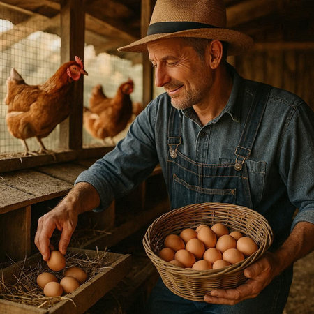Eggs in the basket. Happy senior man holding basket with eggs and smiling while standing in chicken coop