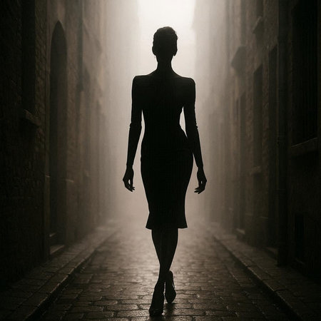 Fashionable silhouette of a woman walking in the city at night