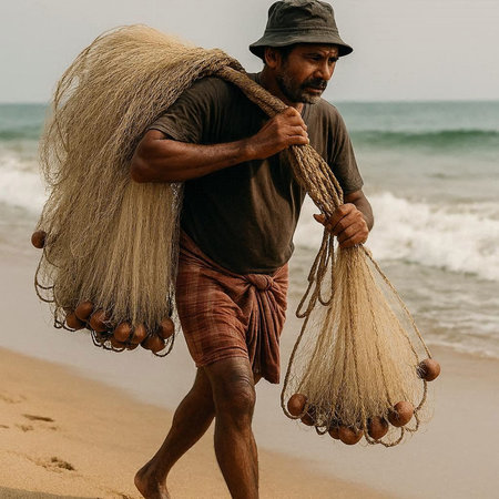 Fisherman with fishing net on the beach. Sri Lanka.