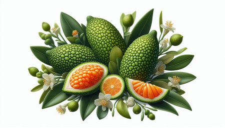 Oranges with leaves and flowers isolated on white background. Vector illustration.