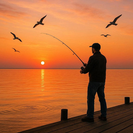 Silhouette of a fisherman with a fishing rod at sunset.