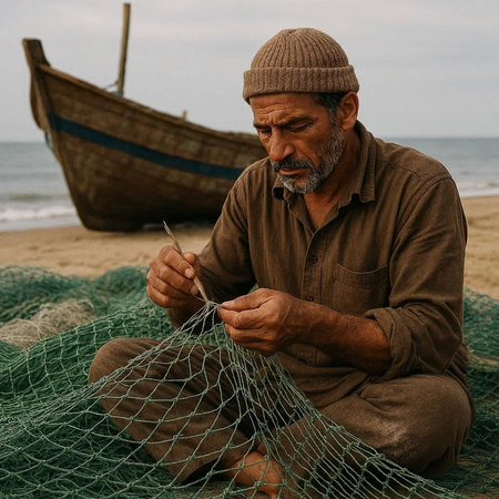 Fisherman sitting on the seashore and fishing nets.