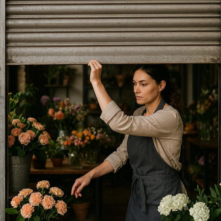 Beautiful young woman florist at work in a flower shop