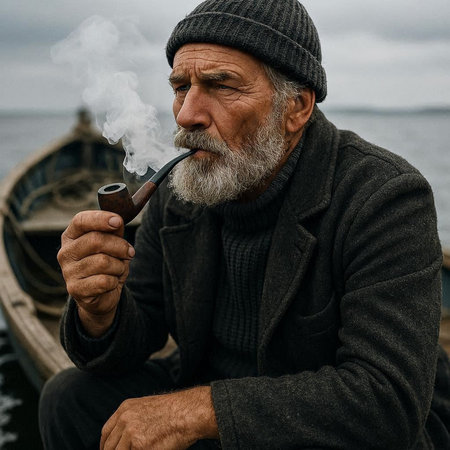 Portrait of a bearded old man smoking a pipe on the pier