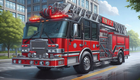 Fire engine in the city. 3D rendering. High resolution image.
