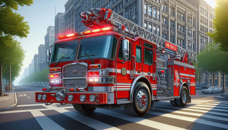 Fire engine in the city. 3D rendering. High resolution image.