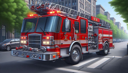 Fire engine in the city. 3D rendering. High resolution image.