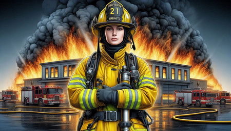 Portrait of a firefighter in uniform standing in front of fire station