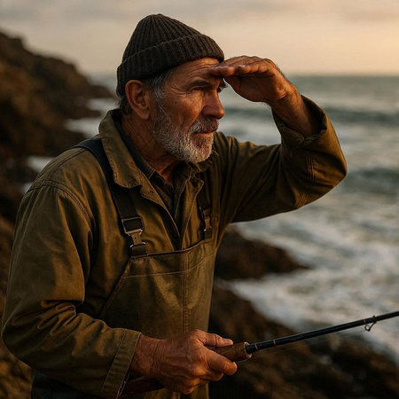 Senior man fishing with a rod on the seashore at sunset
